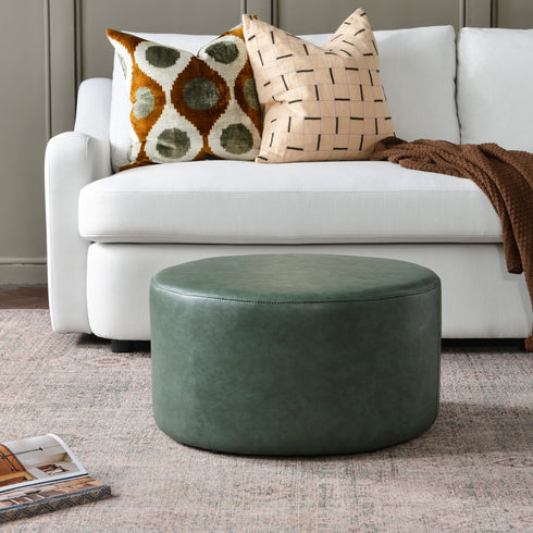 Elof Faux Leather Ottoman - Modern Faux Leather Pouf | Small Round Ottoman | Kinwell Furniture | Footstool for Lounge